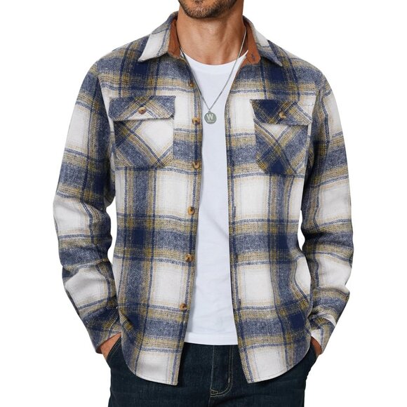 Coofandy Men Blue Yellow Flannel Plaid Button Down Jacket Shirt with Pockets - Picture 1 of 5